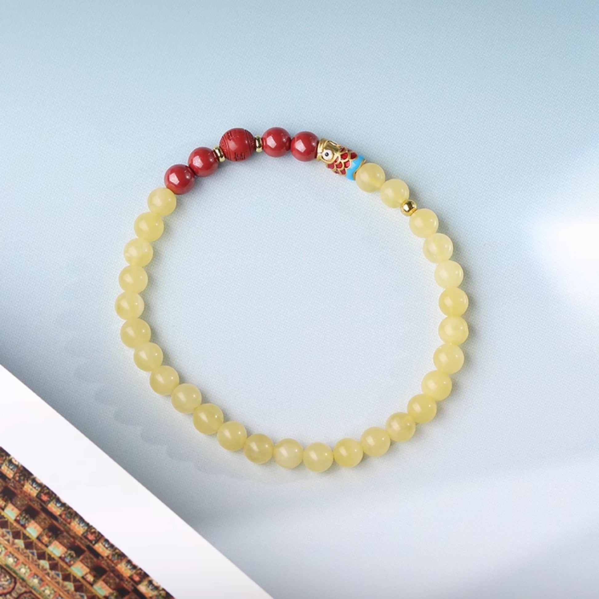 Tibetan Buddhist Jewelry Culture: Handmade Amber Cinnabar Koi Carp Luck Bracelet for career success and opportunity attraction