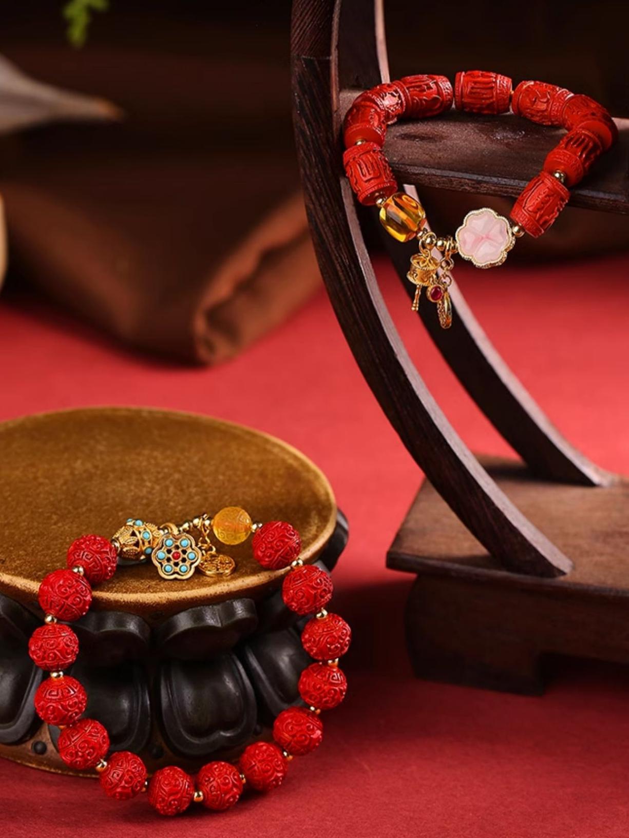 Tibetan Buddhist Jewelry Culture: Handmade Six-Character Mantra Cinnabar Bracelet offering divine blessings and guidance