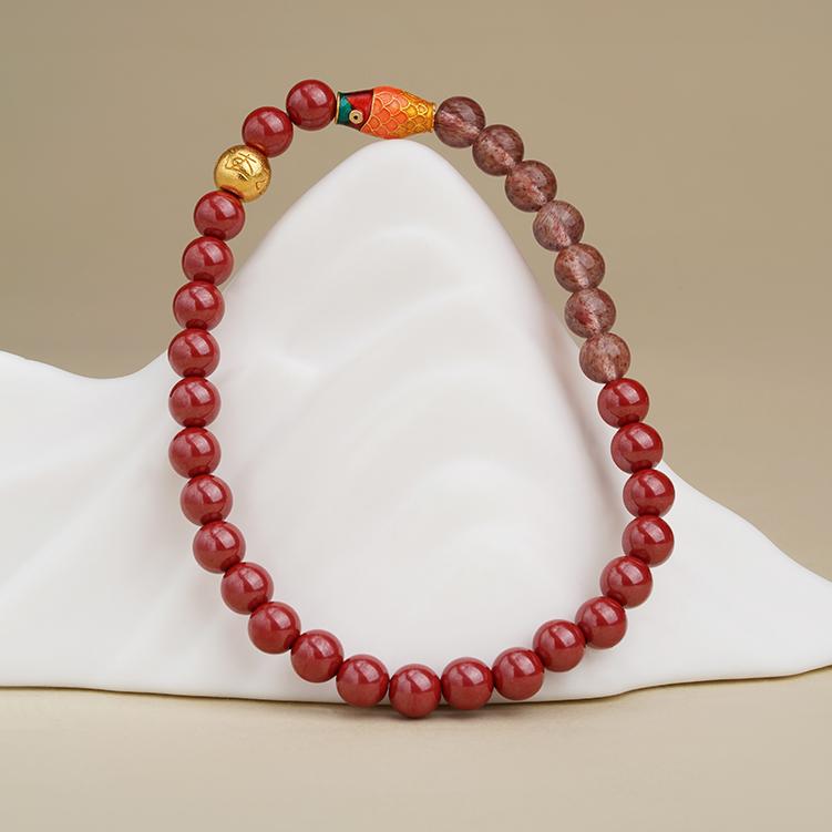 Tibetan Buddhist Jewelry Art: Hand-Painted Cinnabar and Strawberry Quartz Bracelet for spiritual protection and emotional healing