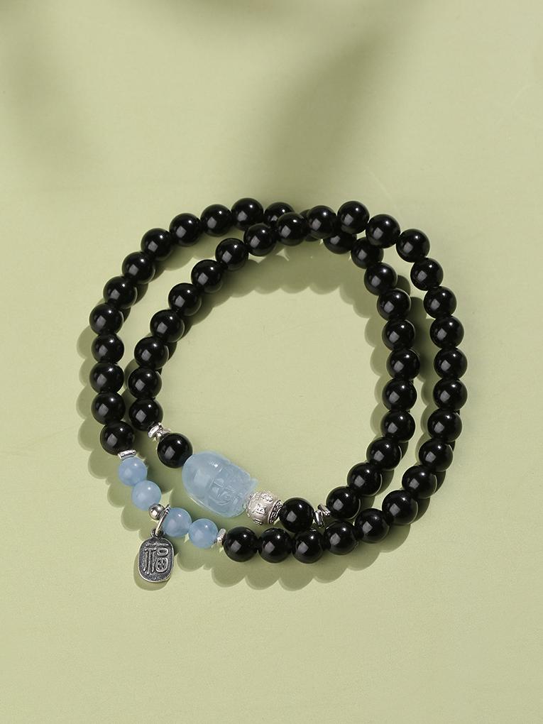 Tibetan Buddhist Jewelry Culture: Hand-Painted Obsidian Aquamarine Pi Xiu Wealth Bracelet for financial blessings and career success