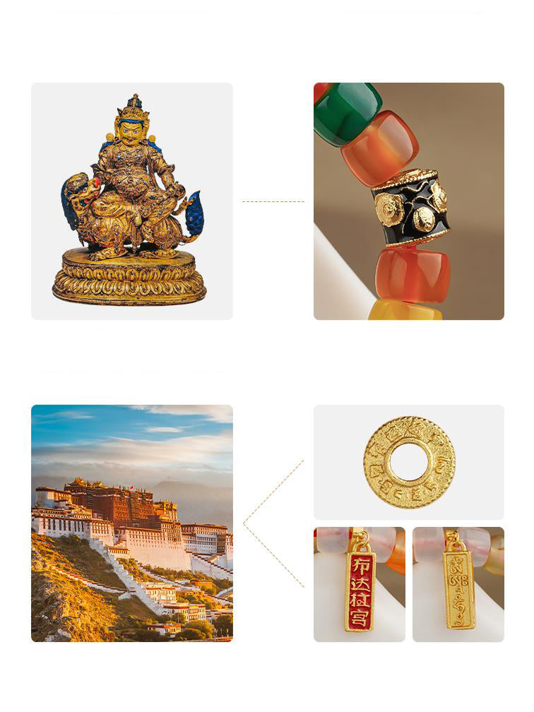 Dark Agate Beads with a hand-painted Wealth Deity, crafted as a traditional Tibetan Buddhist prayer bracelet for mindfulness and success.