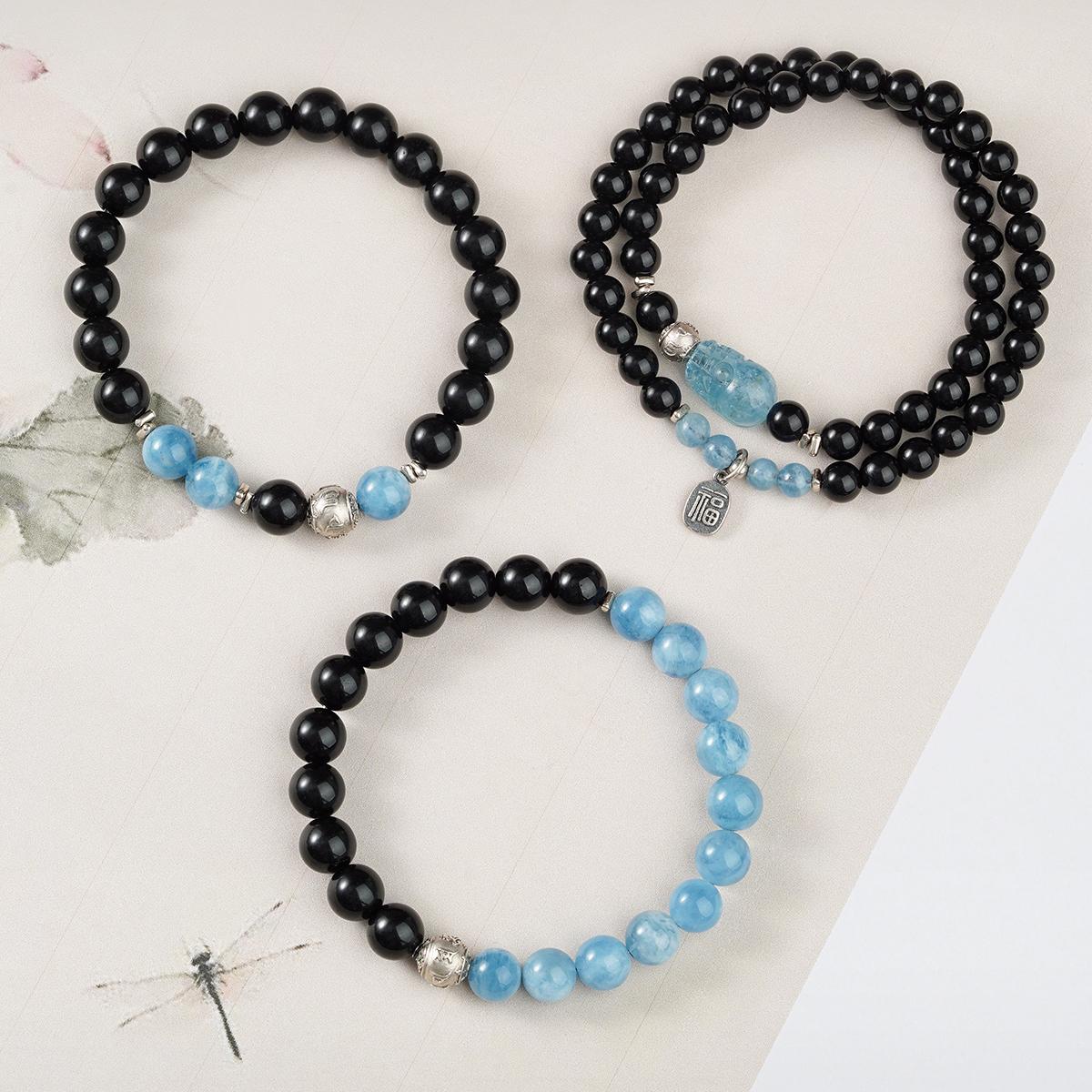 Tibetan Buddhist Jewelry Art: Sacred Tibetan Buddhist Obsidian Aquamarine Bracelets for spiritual practice