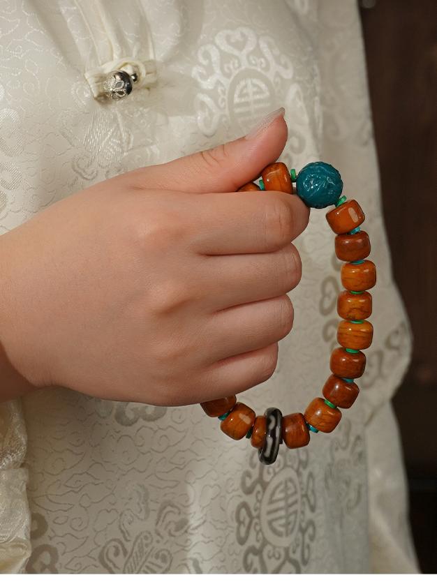 Tibetan Buddhist Jewelry Culture: Hand-Painted Incense Ash Yak Bone Mala Blessing Bracelet with mantras
