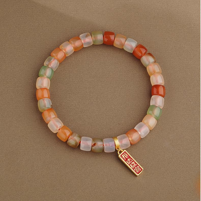 Handmade Light Agate Pendant Mala Bracelet from the Tibetan Buddhist Jewelry Culture, perfect for meditation and as a daily wearable blessing.