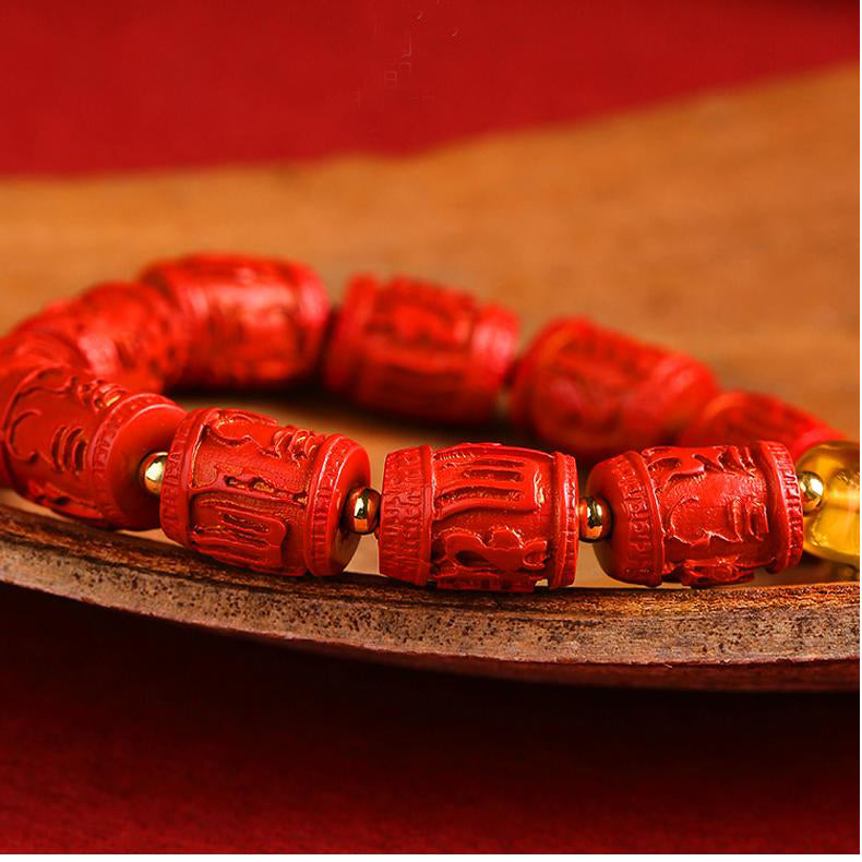 Tibetan Buddhist Jewelry Art: Cinnabar Lotus Heart Amber Bracelet perfect for meditation and spiritual connection