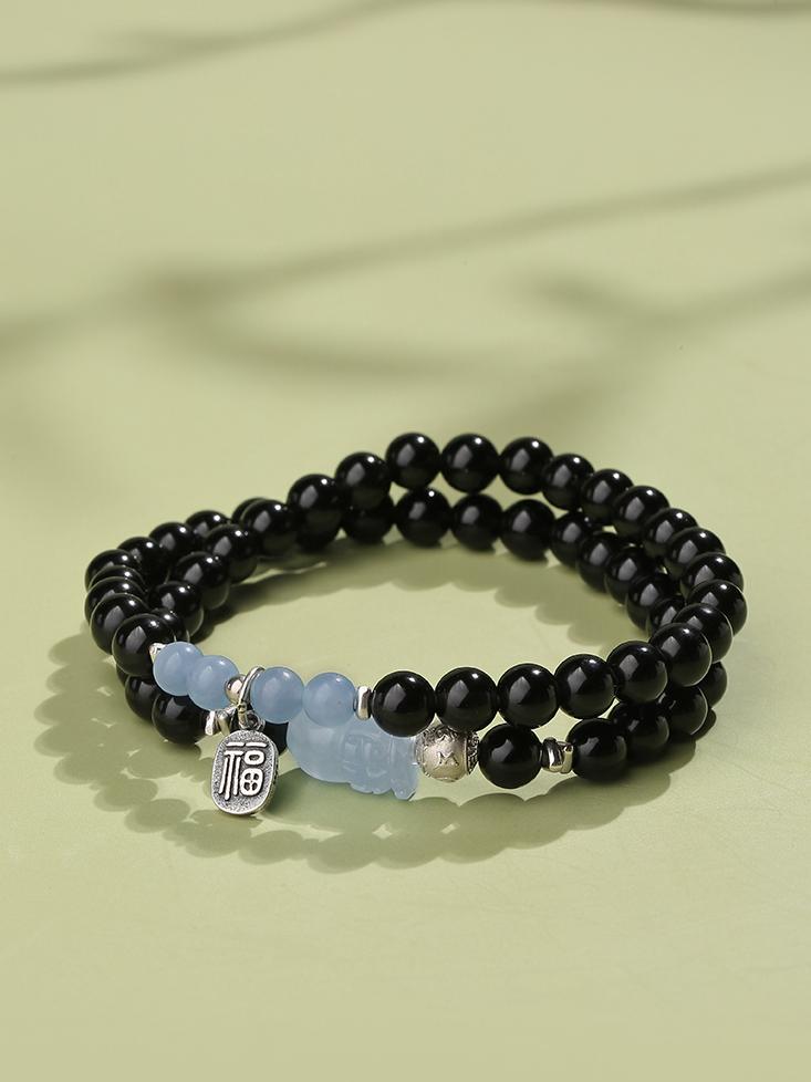 Tibetan Buddhist Jewelry Art: Obsidian Aquamarine Pi Xiu Multi-Wrap Bracelet enhancing financial opportunities and spiritual security