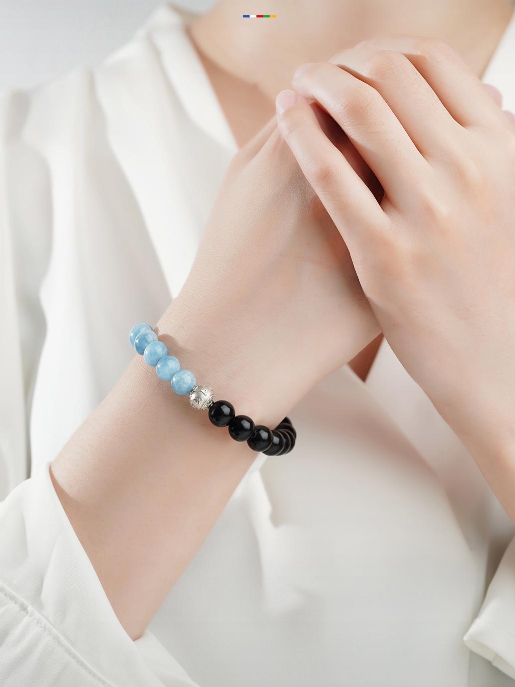 Tibetan Buddhist Jewelry Art: Obsidian Aquamarine Crystal Beads Collection combining protection and communication