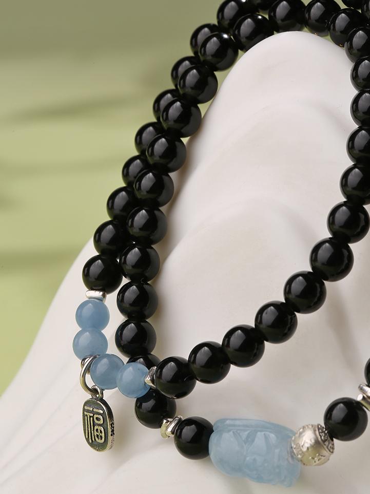 Tibetan Buddhist Jewelry Culture: Handmade Obsidian Aquamarine Pi Xiu Multi-Circle Spiritual Bracelet for comprehensive wealth and protection
