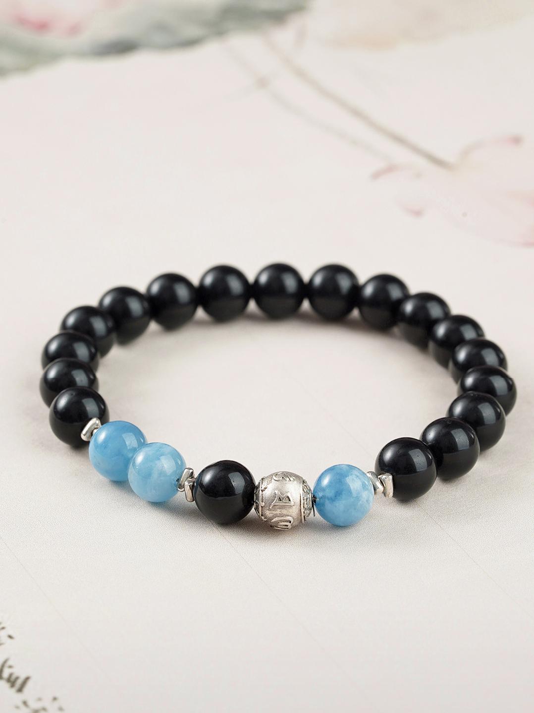 Tibetan Buddhist Jewelry Art: Deep Sea Obsidian Aquamarine Bracelet offering emotional protection