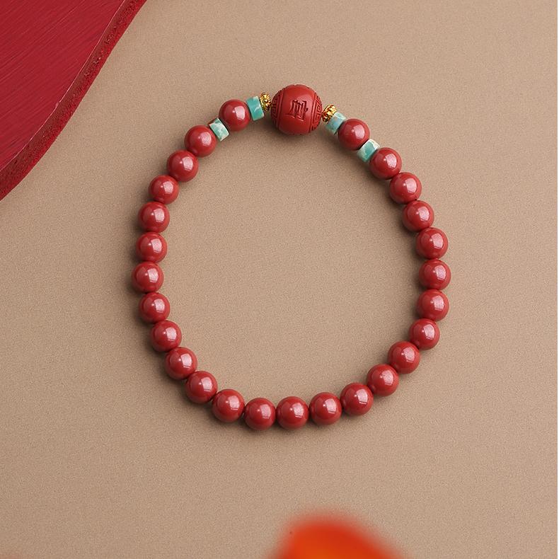 Tibetan Buddhist Jewelry Art: "Chi Zhu Hua" Red Blossom Cinnabar Bracelet, symbolizing flourishing beauty and vitality