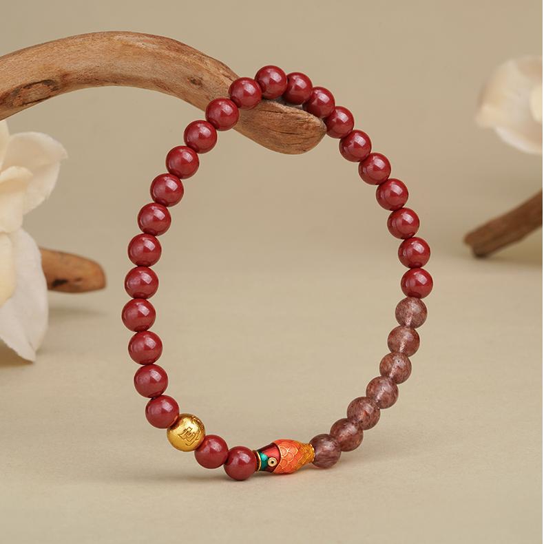Tibetan Buddhist Jewelry Art: Strawberry Quartz Cinnabar Beads Harmony Bracelet promoting peace and emotional balance