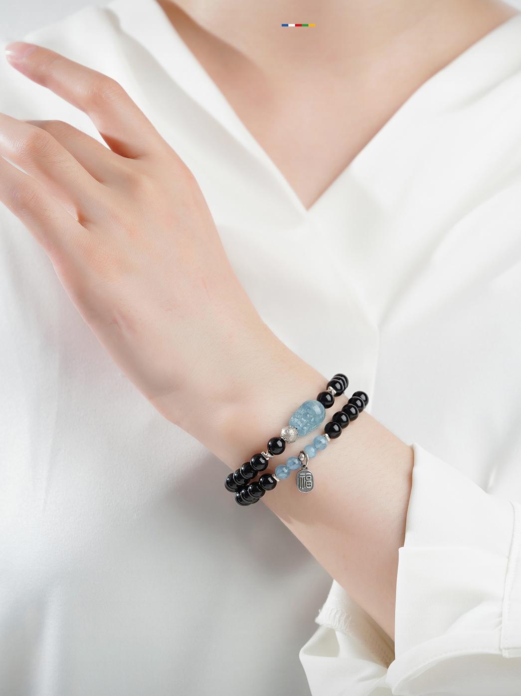 Tibetan Buddhist Jewelry Culture: Handmade Black Obsidian Aquamarine Bracelet Set for chakra balancing