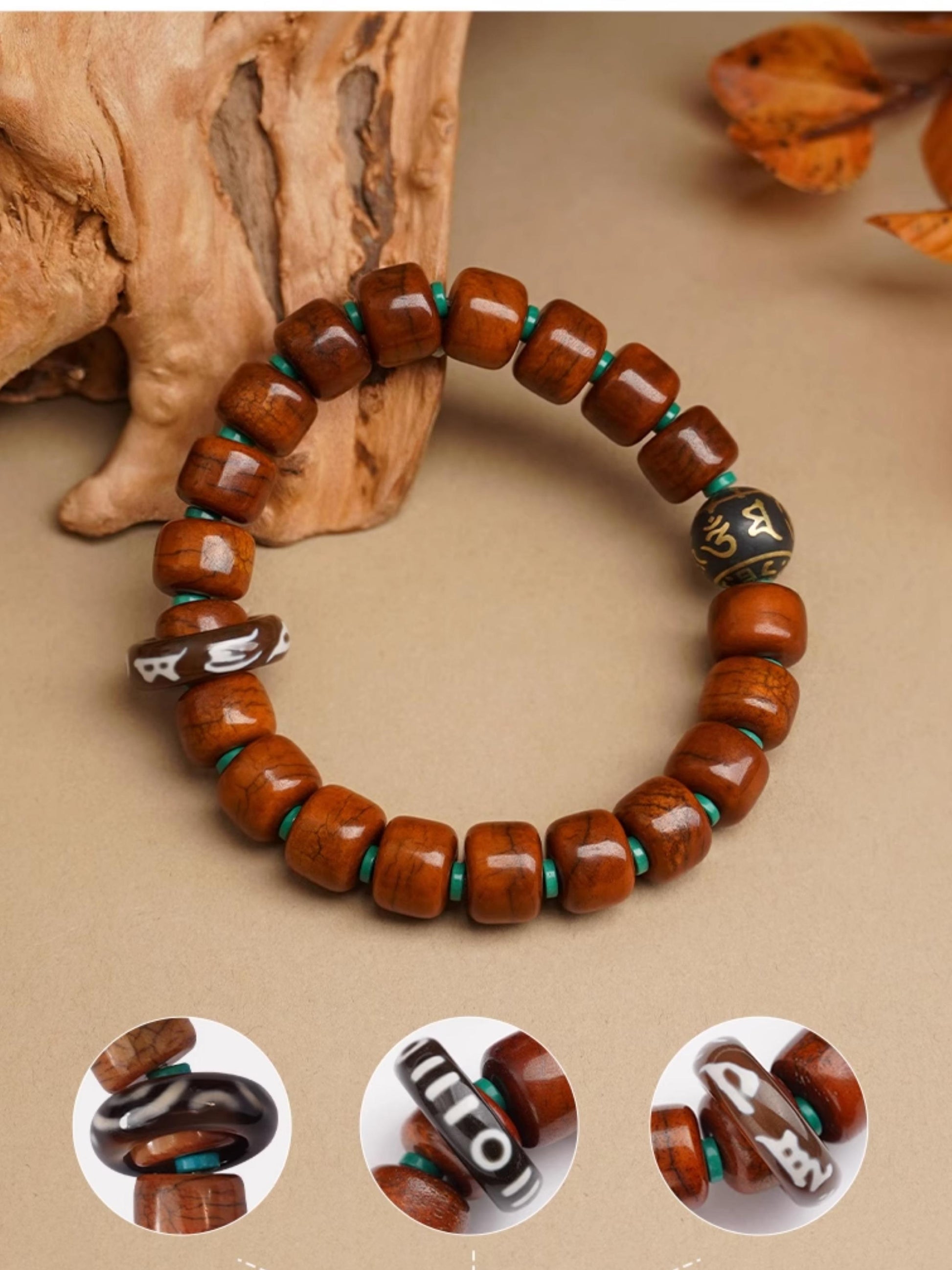 Tibetan Buddhist Jewelry Art: Yak Bone Incense Ash Agate Barrel Beads Ancient Tibetan Bracelet