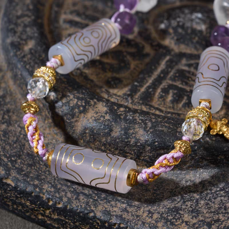 Handcrafted jewelry art clavicle necklace featuring a sacred Tang Tube Dzi with gold-inlaid details for spiritual protection.