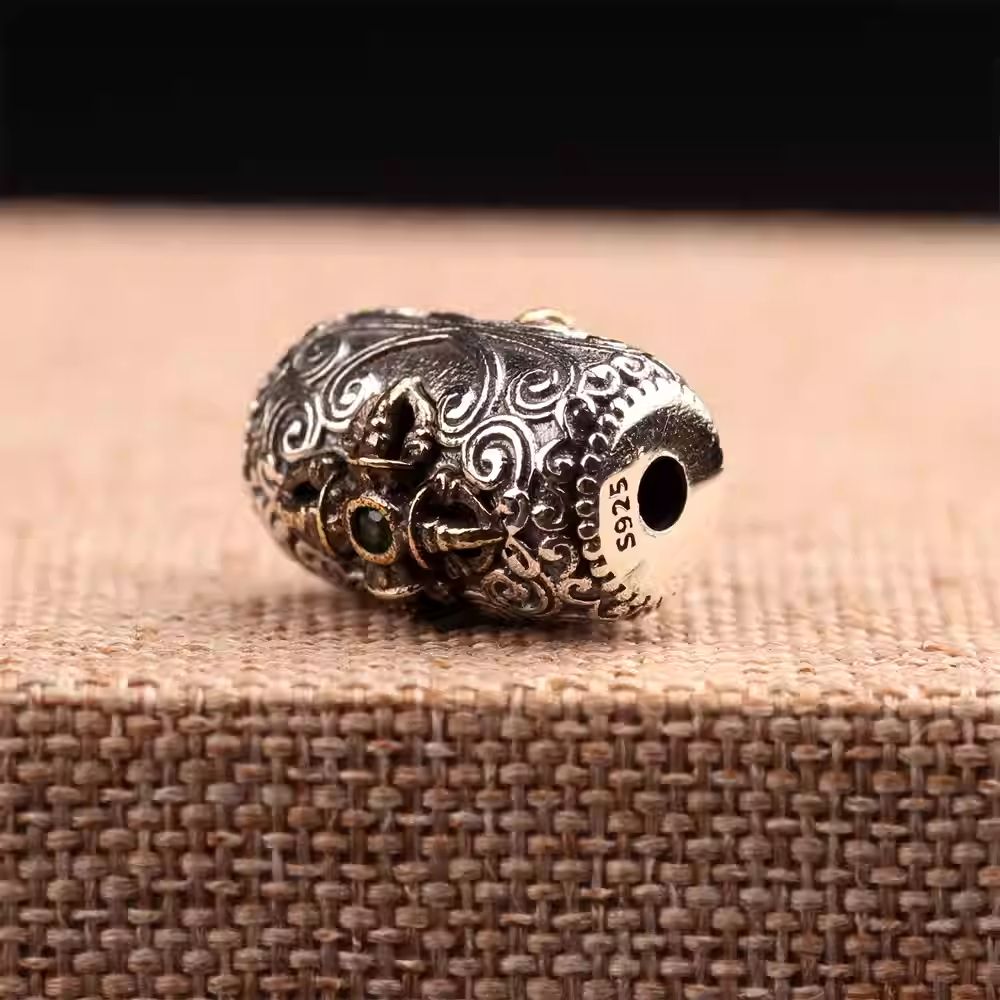Exquisite vintage Vajra long barrel bead in silver/copper, a unique artifact rooted in Tibetan Buddhist Jewelry Culture for wisdom.