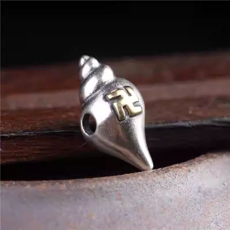 Vintage Handmade Sterling Silver Conch Shell Mala Thangka Pendant - detail 4