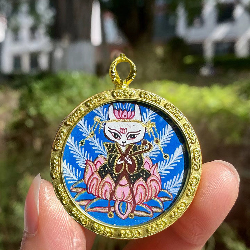 Kitsune Mini Thangka pendant, handcrafted Tibetan Buddhist Jewelry Culture Jewelry art for spiritual guidance and auspicious energy