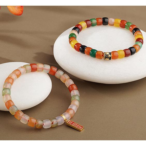 Tibetan Buddhist Jewelry Culture Hand-Painted Agate Bracelet Set, featuring both Dark and Light Agate styles for wealth and peace.
