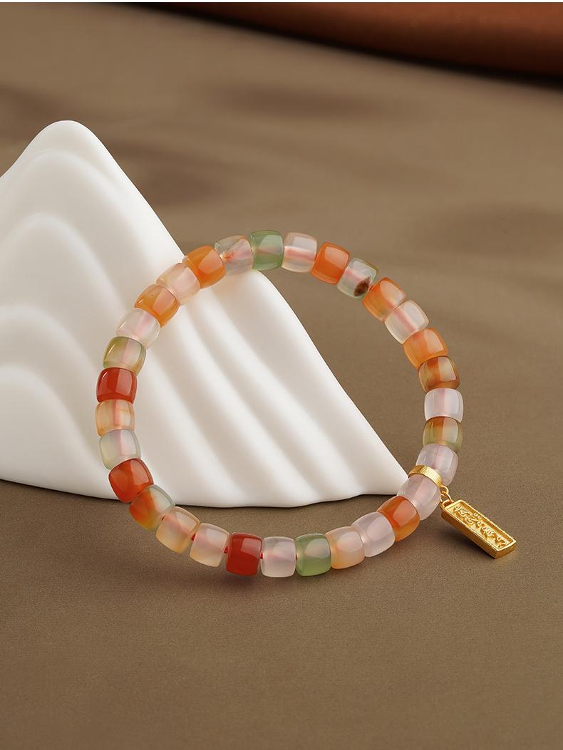 Delicate Light Agate Pendant Bracelet, hand-painted with Tibetan Buddhist Jewelry Art, symbolizing peace and spiritual connection.