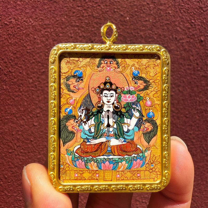 Akashagarbha miniature Thangka pendant, handmade Tibetan Buddhist Jewelry Culture Jewelry art for wisdom, spiritual blessings, and insight