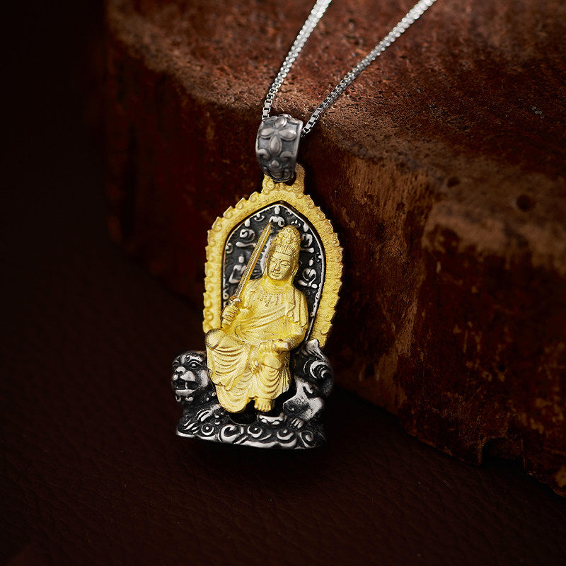 Handmade silver and copper Manjushri pendant, unisex Tibetan necklace for protection, spiritual talisman, Tibetan Buddhist Jewelry Culture Jewelry art