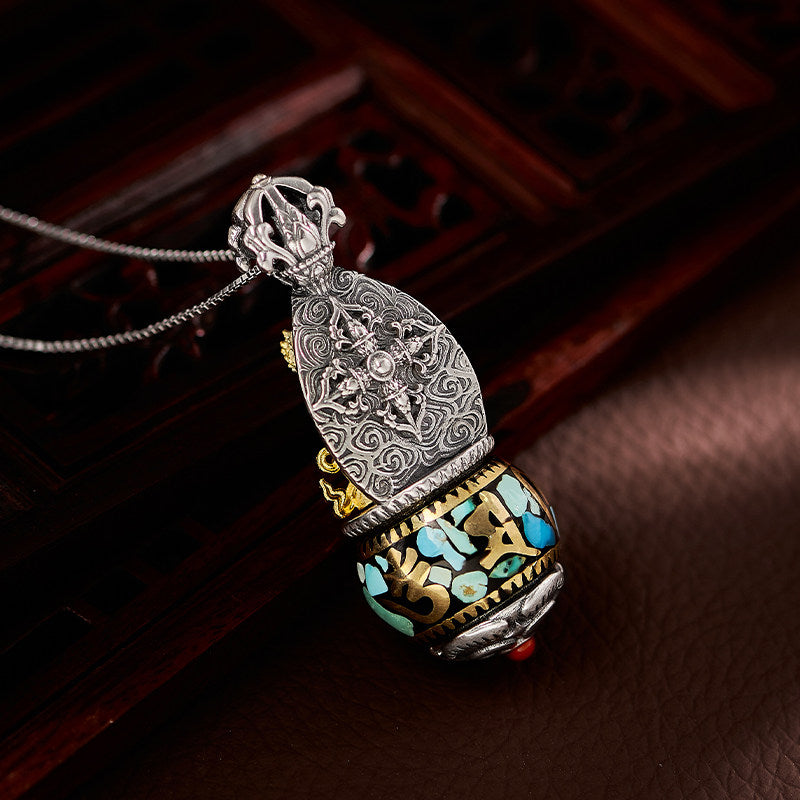 Handmade silver and copper Manjushri pendant with turquoise, vintage Tibetan unisex necklace, guardian talisman for peace and blessings, Tibetan Buddhist Jewelry Culture Jewelry art