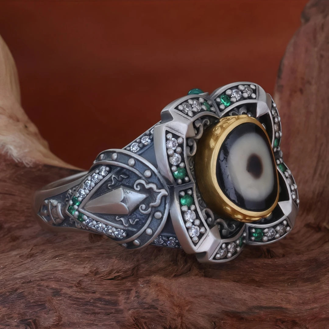 Bonding Beads ring featuring hand-painted Manjusri details, a unique piece of Tibetan Buddhist Jewelry Culture jewelry art.