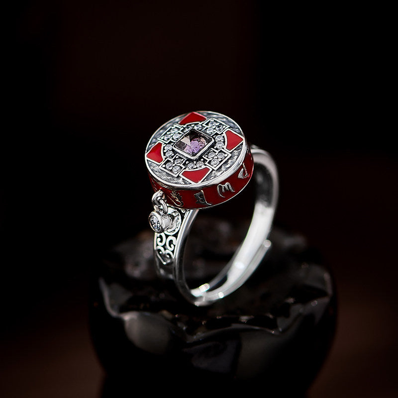 Handmade S925 silver and resin Mantra pendant ring, vintage Tibetan unisex necklace, rotatable guardian talisman for peace and protection, Tibetan Buddhist Jewelry Culture Jewelry art