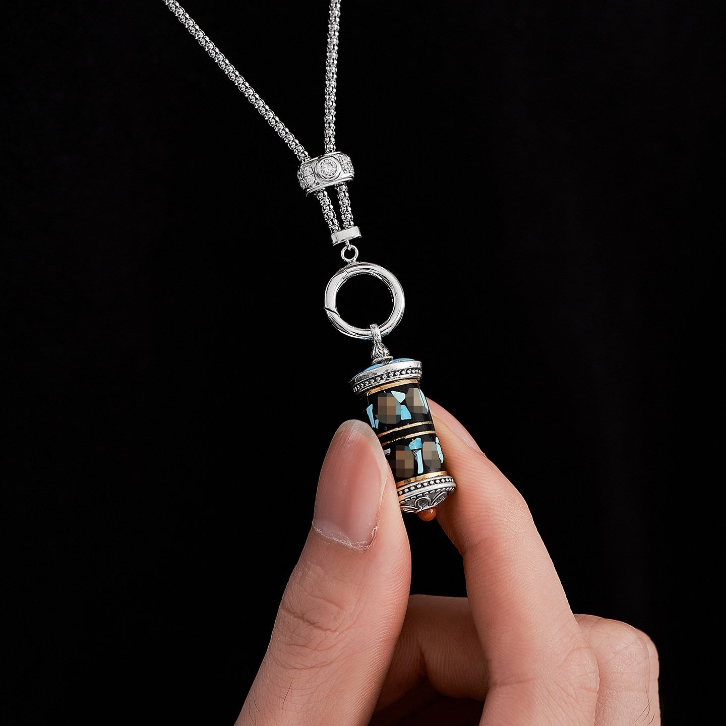 Vintage Tibetan S925 silver Mantra pendant with turquoise rotating bottle, unisex ethnic necklace for spiritual protection, Tibetan Buddhist Jewelry Culture Jewelry art