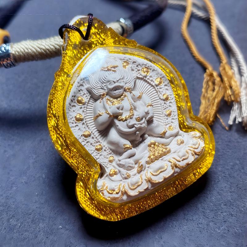 Black Jambhala protection Thangka amulet pendant from Tibetan Buddhist Jewelry Culture, hand-crafted Jewelry art necklace for spiritual power and fortune