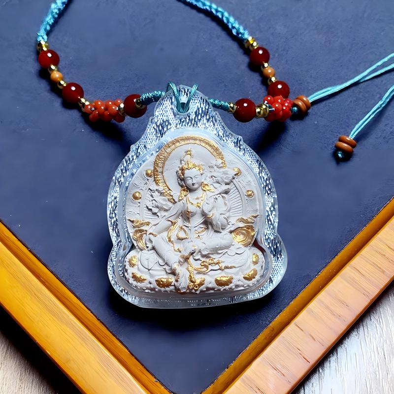 Green Tara protection Thangka amulet pendant from Tibetan Buddhist Jewelry Culture, hand-crafted Jewelry art necklace for spiritual power and compassion