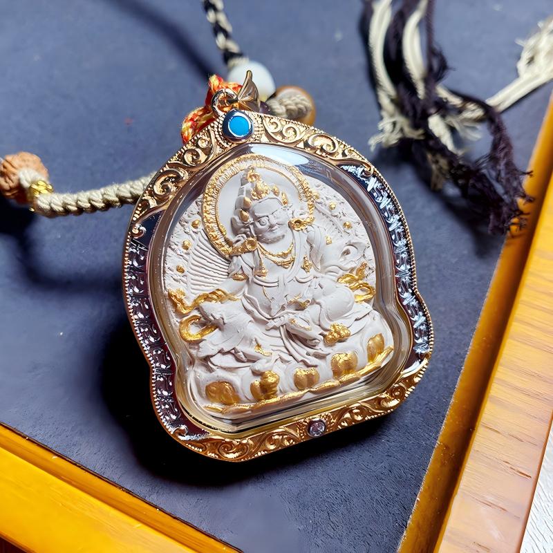 Yellow Dzambhala Thangka metal Gawu amulet pendant rooted in Tibetan Buddhist Jewelry Culture, handcrafted Jewelry art necklace for blessings and prosperity