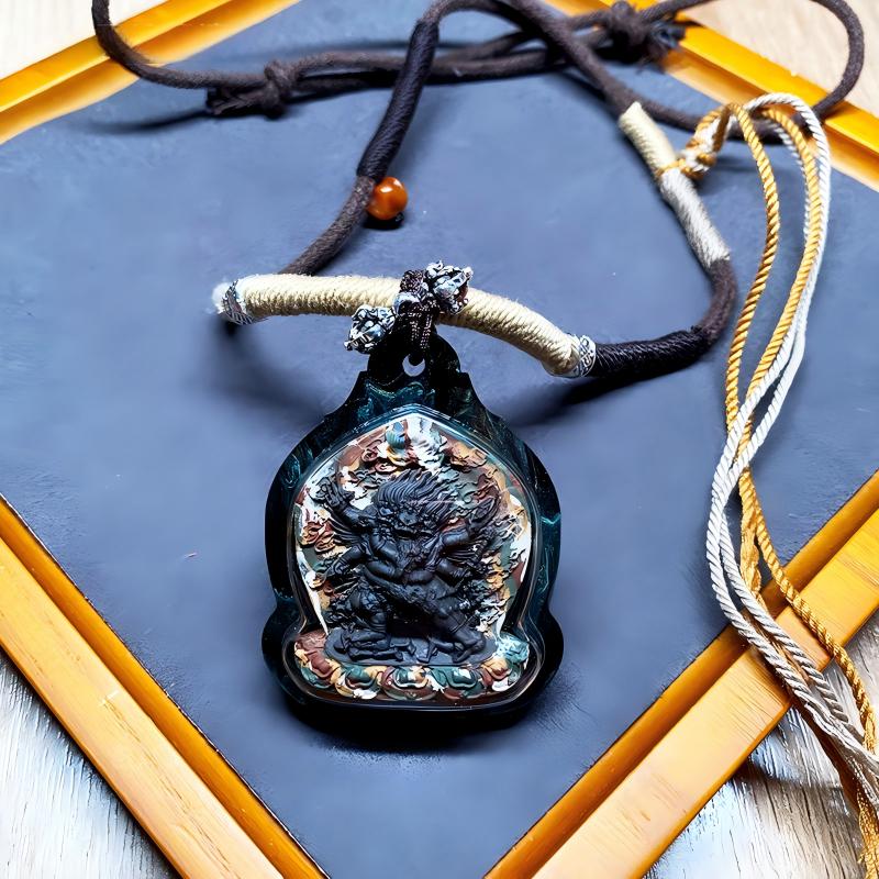 Colorful Phurba Vajra thangka amulet pendant from Tibetan Buddhist Jewelry Culture, handcrafted Jewelry art necklace symbolizing courage, fortune, and protection