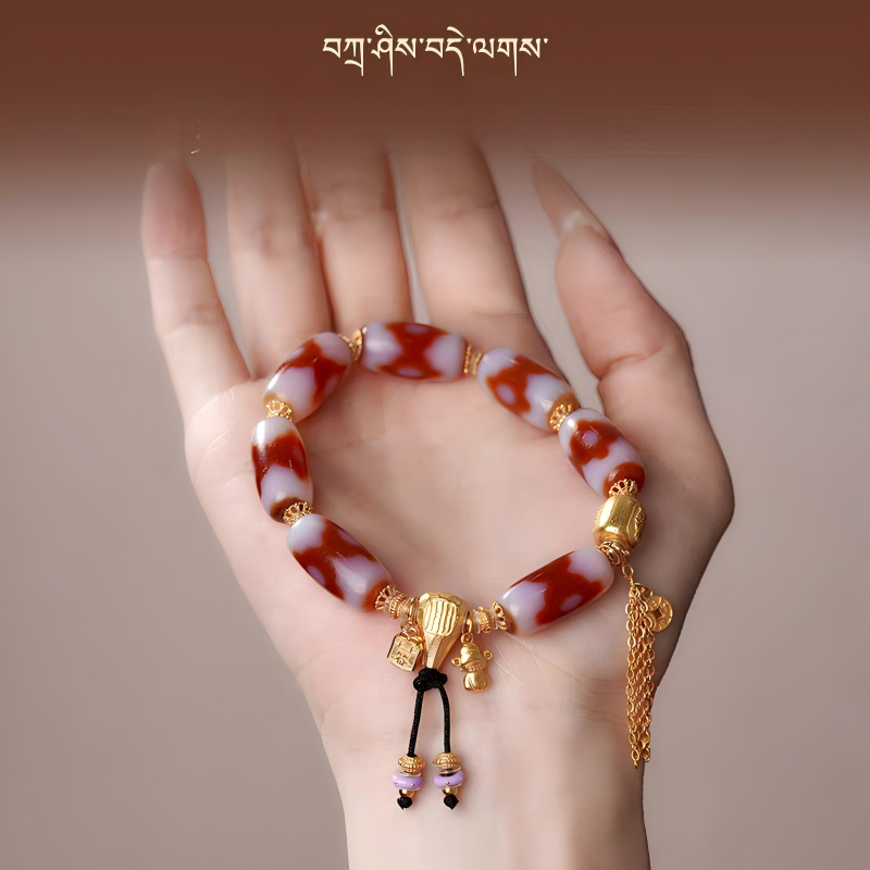 Natural red mutton Dzi beads bracelet inspired by Tibetan Buddhist jewelry culture, handcrafted for men and women to enhance fortune, protection, and mindfulness