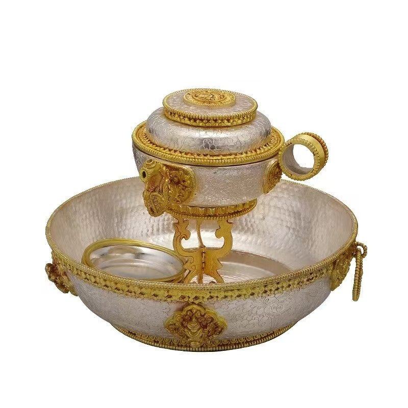 Professional Nepalese Buddhist altarware in gold and silver, expertly crafted as jewelry art within Tibetan Buddhist Jewelry Culture.