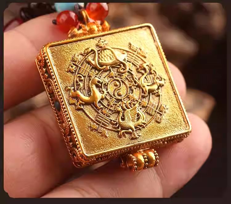Bespoke silver Gau box necklace representing the Himalayan astrological mandala, a masterpiece of Jewelry art.