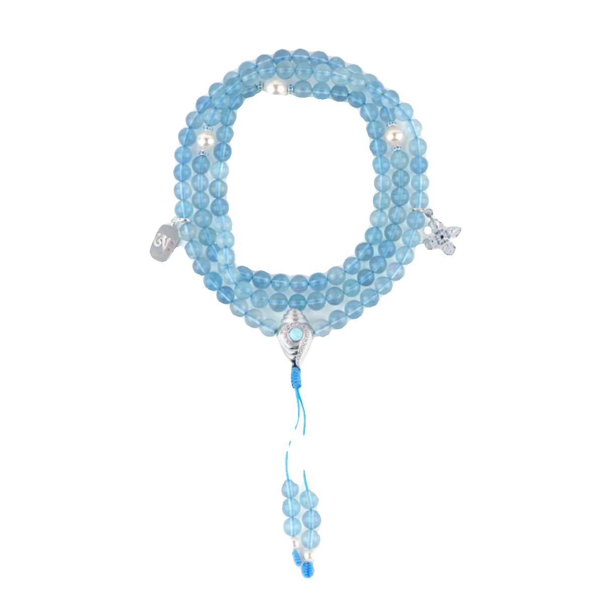 Tibetan Buddhist Jewelry Culture: Traditional ocean blue aquamarine necklace with pearl accents, reflecting elegant Buddhist jewelry art.