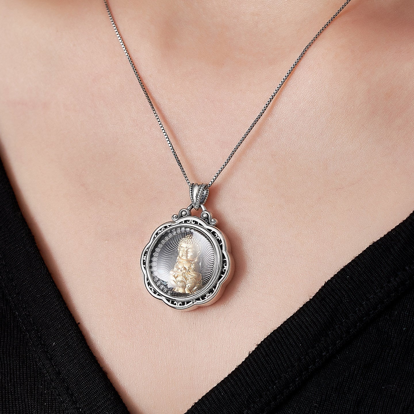 Pure handmade Amitabha Buddha necklace featuring clear quartz crystal and S925 silver copper, blending Tibetan Buddhist Jewelry Culture with jewelry art.