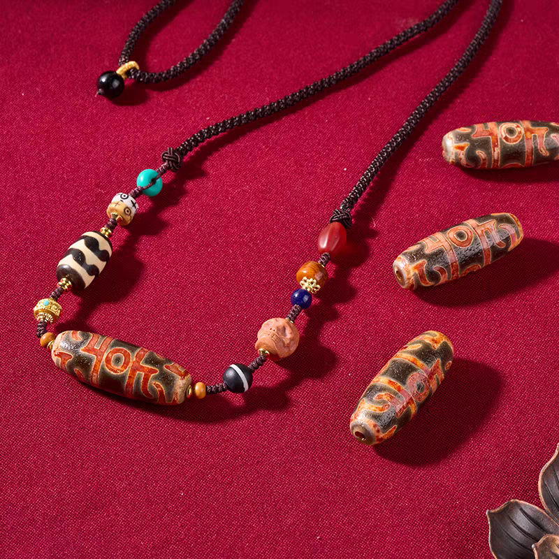Purely handmade barley grain texture Lotus Dzi beads necklace, reflecting the heritage of Tibetan Buddhist Jewelry Culture jewelry art.
