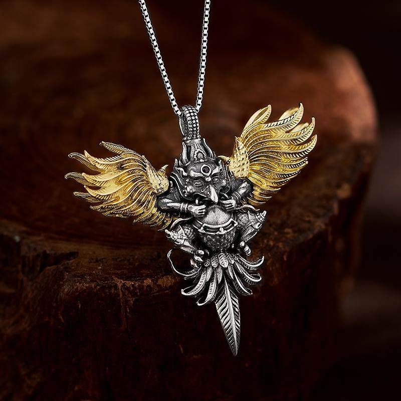 Tibetan-style 3D Garuda pendant in S925 silver with copper, handcrafted guardian amulet necklace for men and women, Jewelry Art.