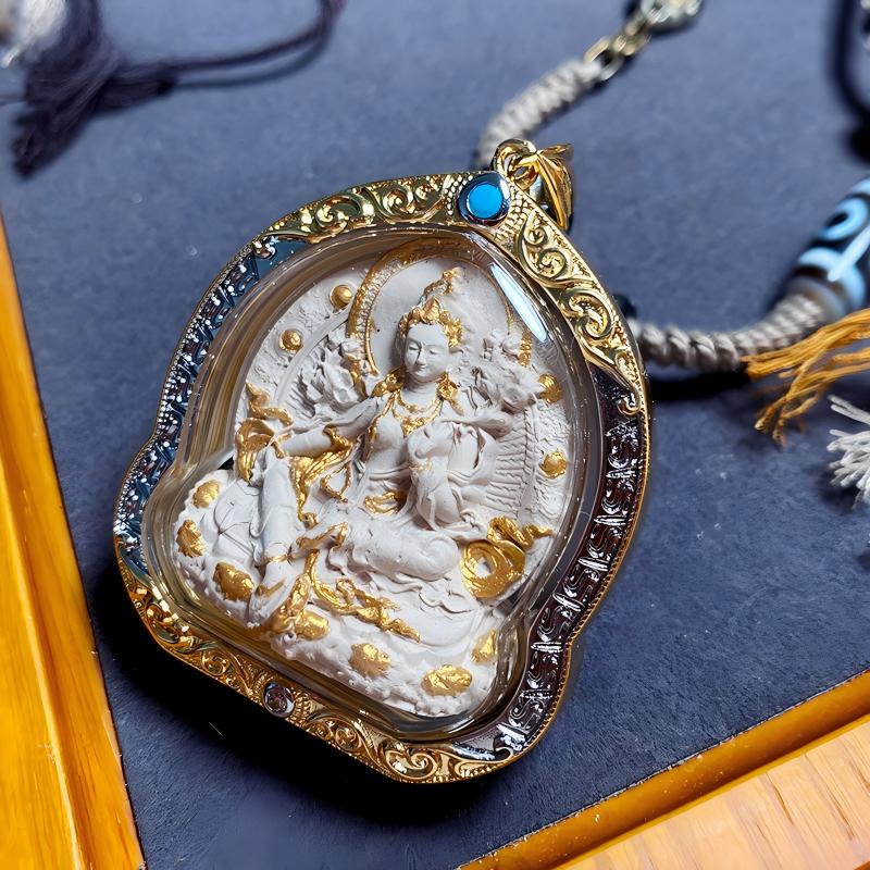 Tibetan-style pendant of Green Tara Ash Thangka in metal Gau box, a sacred Tibetan Buddhist jewelry art piece symbolizing protection, blessings, and spiritual energy.