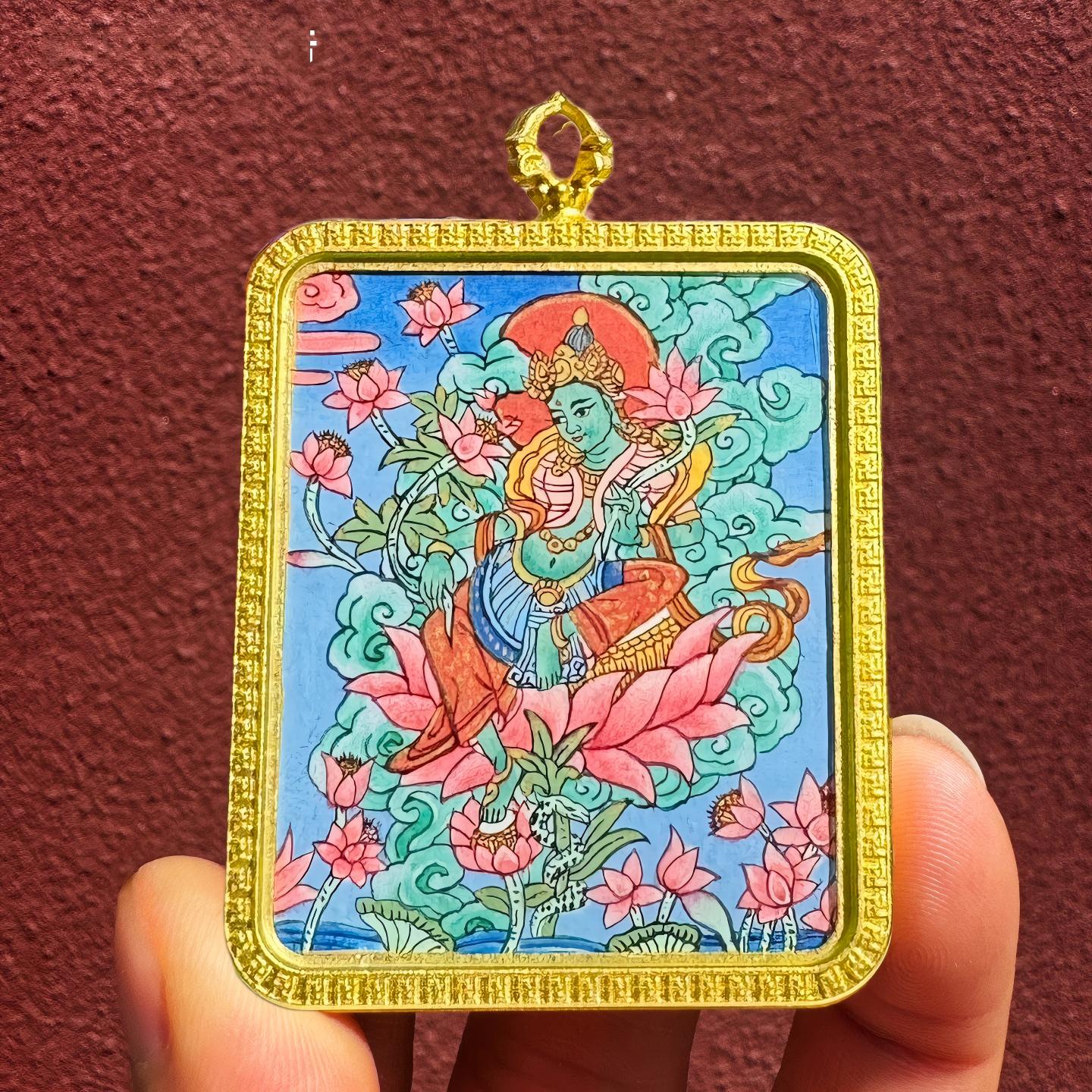 Tibetan-style pendant with Green Tara in small Thangka, hand-painted inside a Gau box, a sacred and decorative Tibetan jewelry art piece