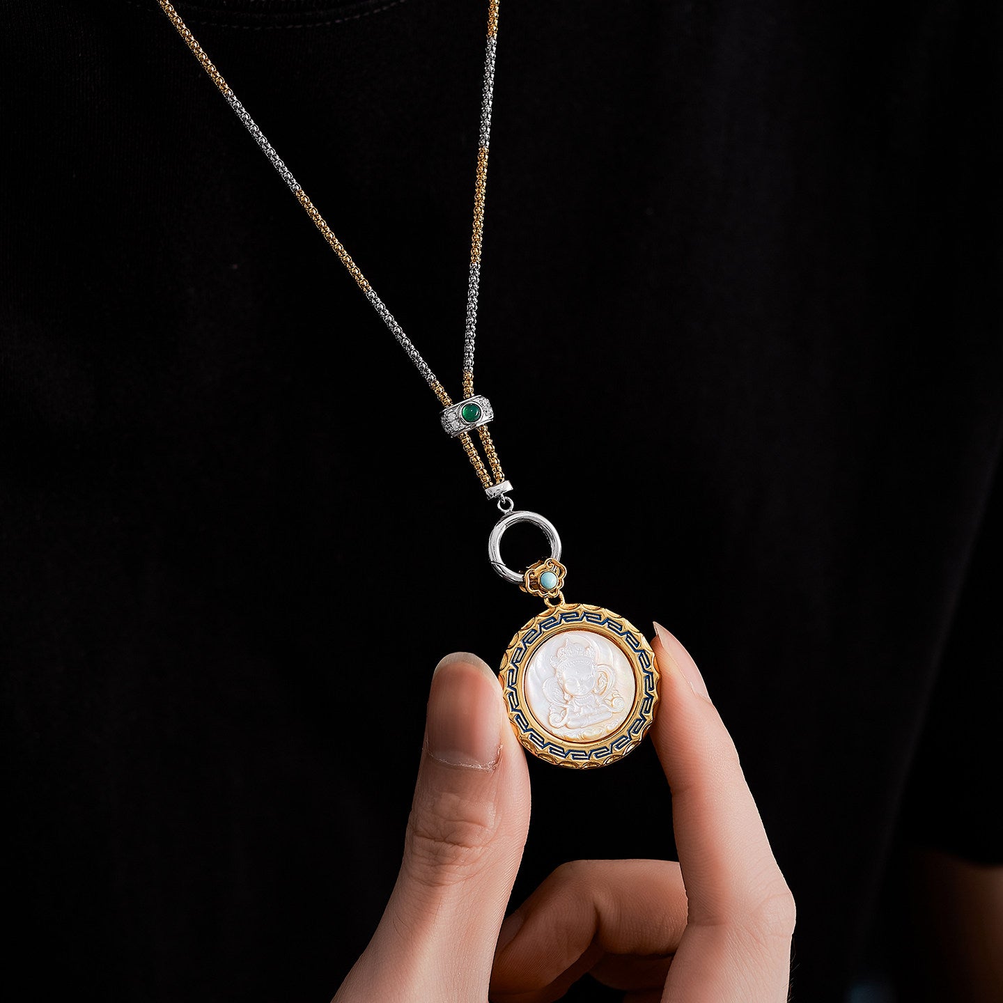 Tibetan-style Guanyin pendant in S925 silver with enamel and mother-of-pearl, handcrafted ethnic guardian necklace for men and women, Jewelry Art.