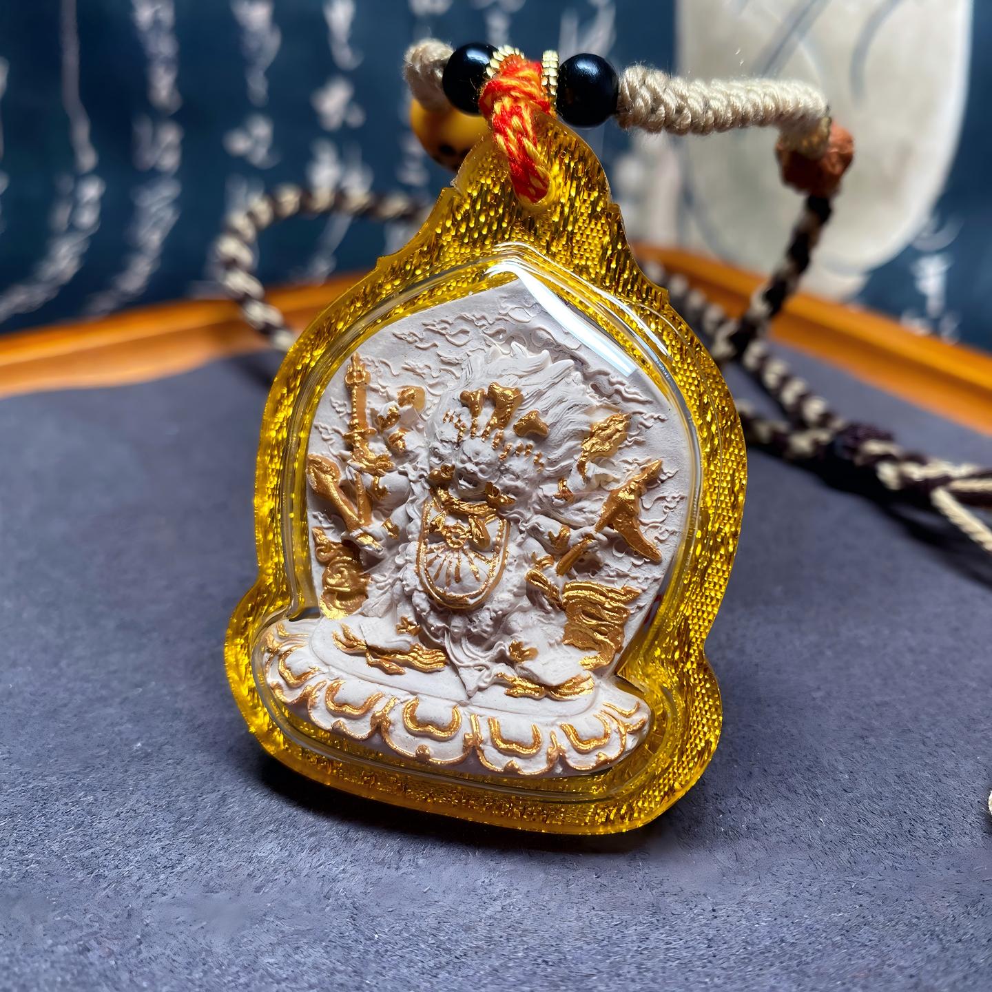 Tibetan-style pendant of Hayagriva Ash Thangka in Gau box, a sacred Tibetan Buddhist jewelry art piece symbolizing protection, blessings, and spiritual strength.