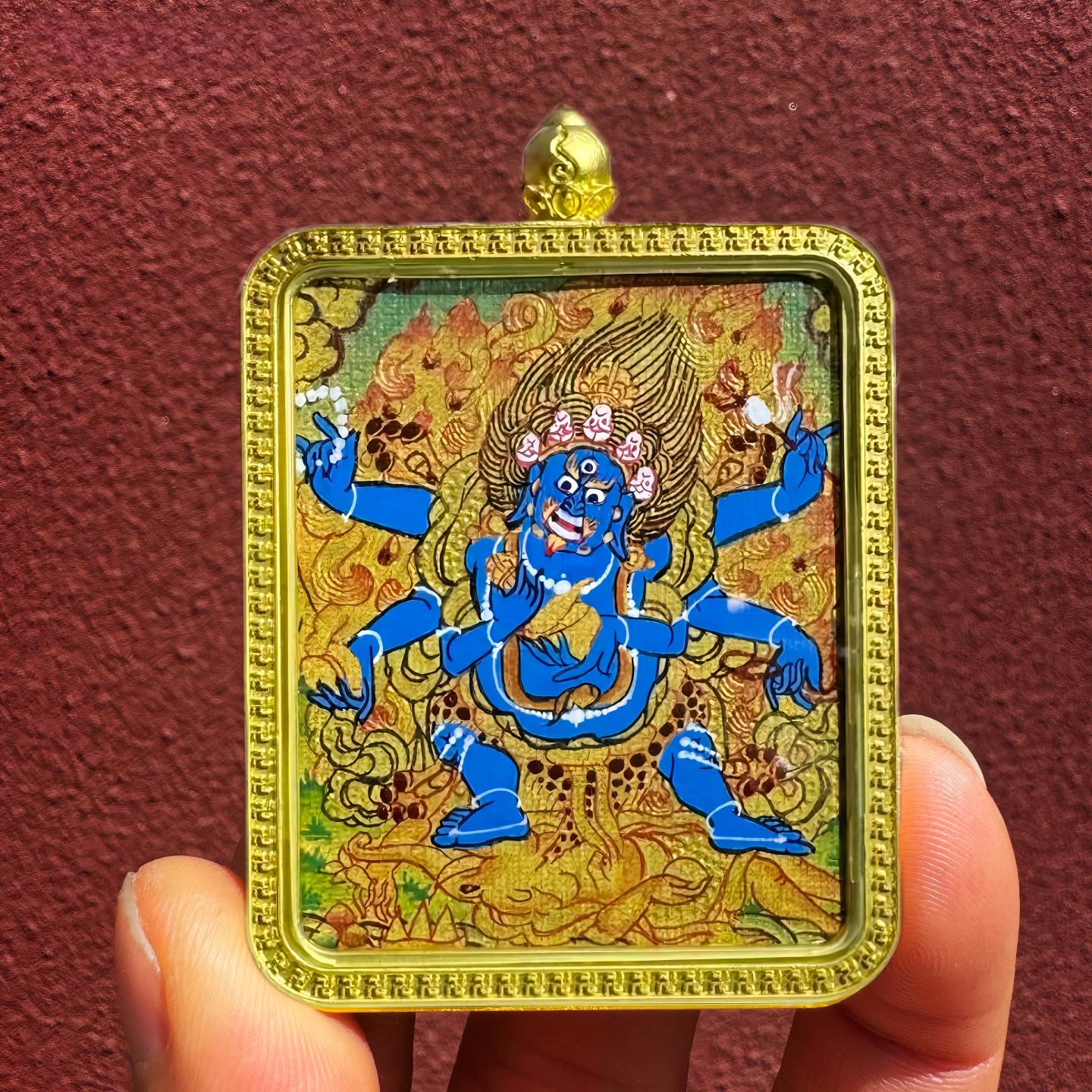 Tibetan Six-Armed Mahakala Thangka Gau pendant, handcrafted Tibetan Buddhist jewelry art designed as a sacred talisman for protection and courage.