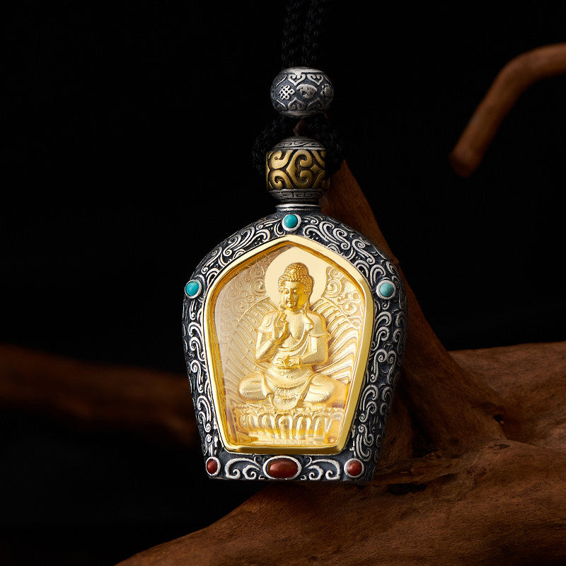 Tibetan-style silver copper Zodiac Buddha pendant, featuring multiple Bodhisattvas, a handcrafted amulet for protection and spiritual energy.