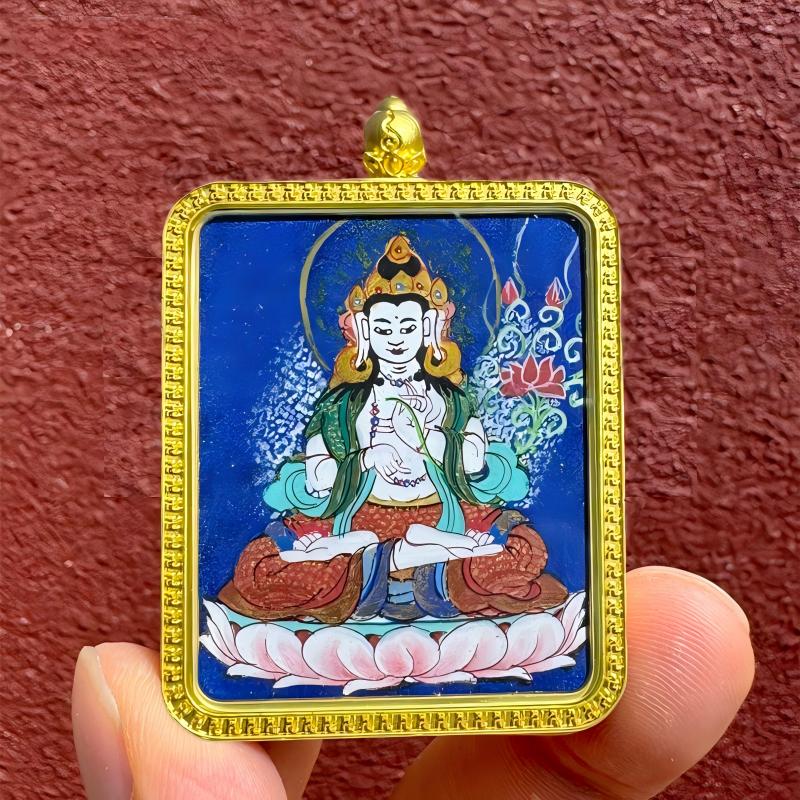 Tibetan-style pendant featuring Manjushri, Amitabha, and Samantabhadra with zodiac protector Buddhas, hand-painted as a sacred and decorative jewelry art piece
