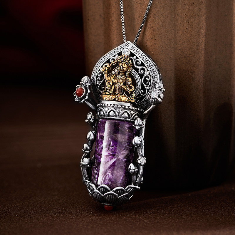 Pure handmade Manjushri guardian pendant featuring purple charoite gemstone and S925 silver copper, blending Tibetan Buddhist Jewelry Culture with jewelry art.