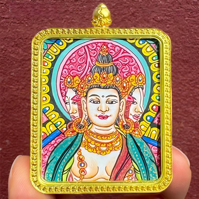 Tibetan-style pendant featuring Manjushri and Samantabhadra with twelve zodiac guardian Buddhas, hand-painted as a sacred and decorative jewelry art piece.