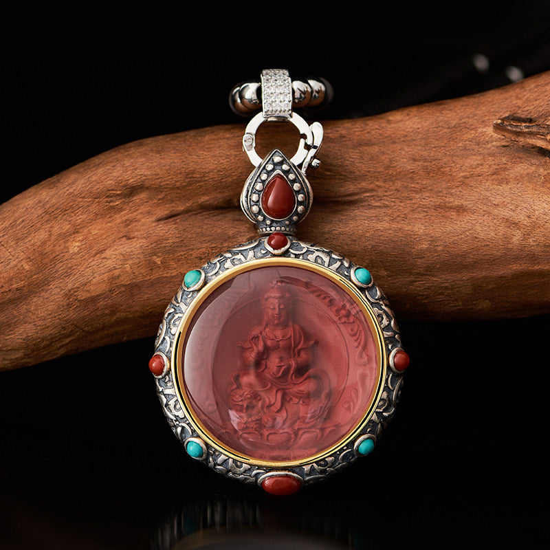 Tibetan-style silver red cinnabar Zodiac Buddha pendant, multi-Bodhisattva guardian amulet for protection and spiritual energy.